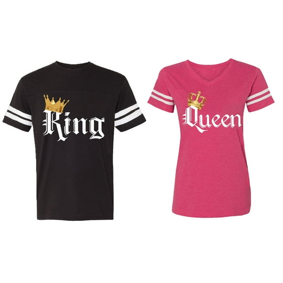 Color King Queen Matching Couple Cotton Jerseys (Men Black / Women Pink) (Men XXL / Women XL)