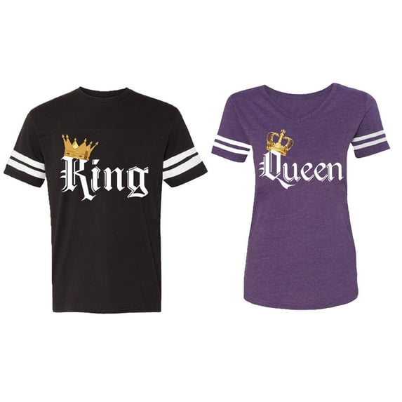 Color King Queen Matching Couple Cotton Jerseys (Men Black / Women Purple) (Men M / Women M)