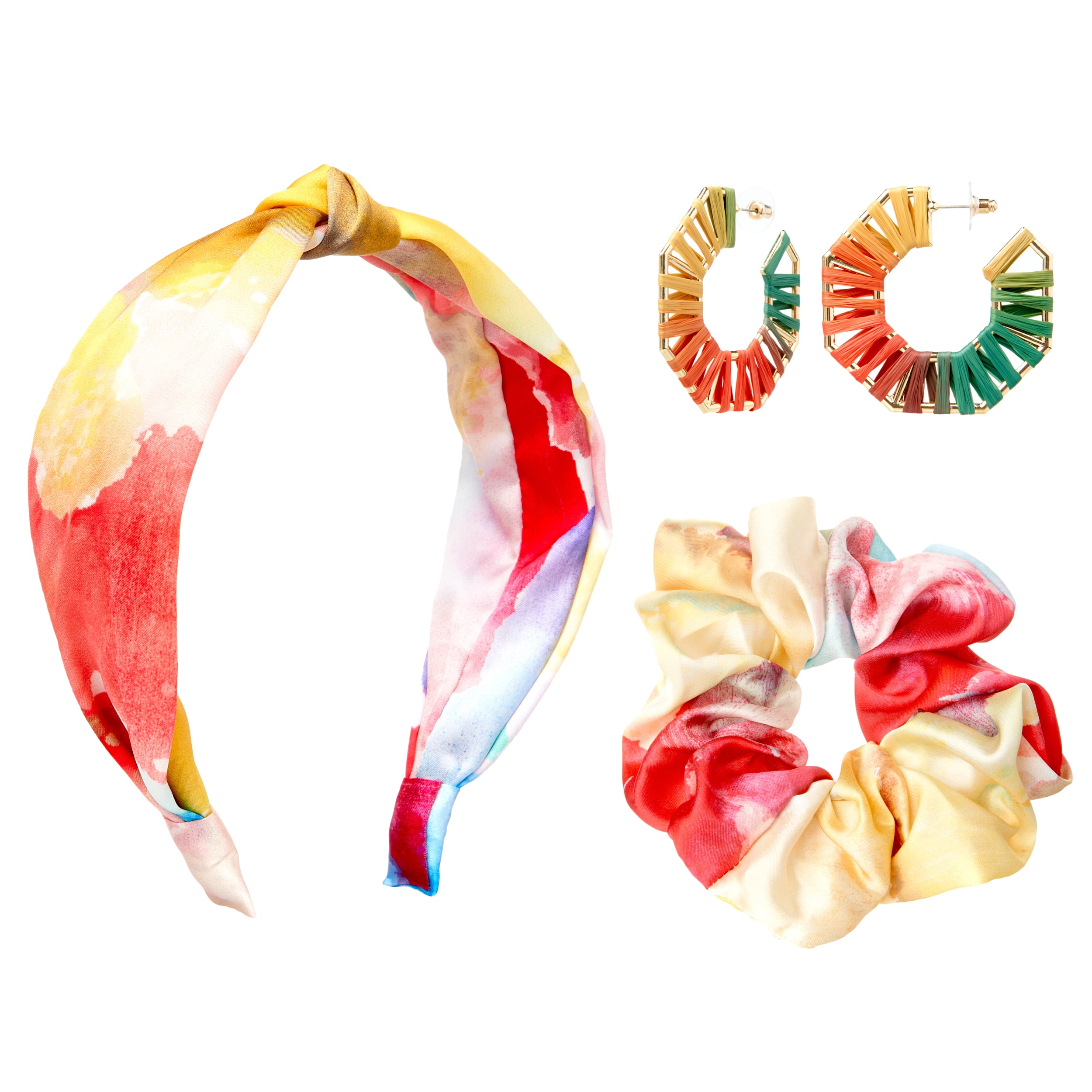 Color Knotted Headband, Scrunchie and Earring Set, 3-Piece