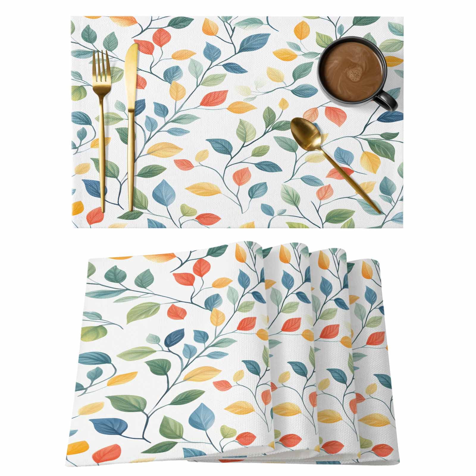 Color Leaves Placemats Set of 1, Blue Leaf Branch Farmhouse Spring ...