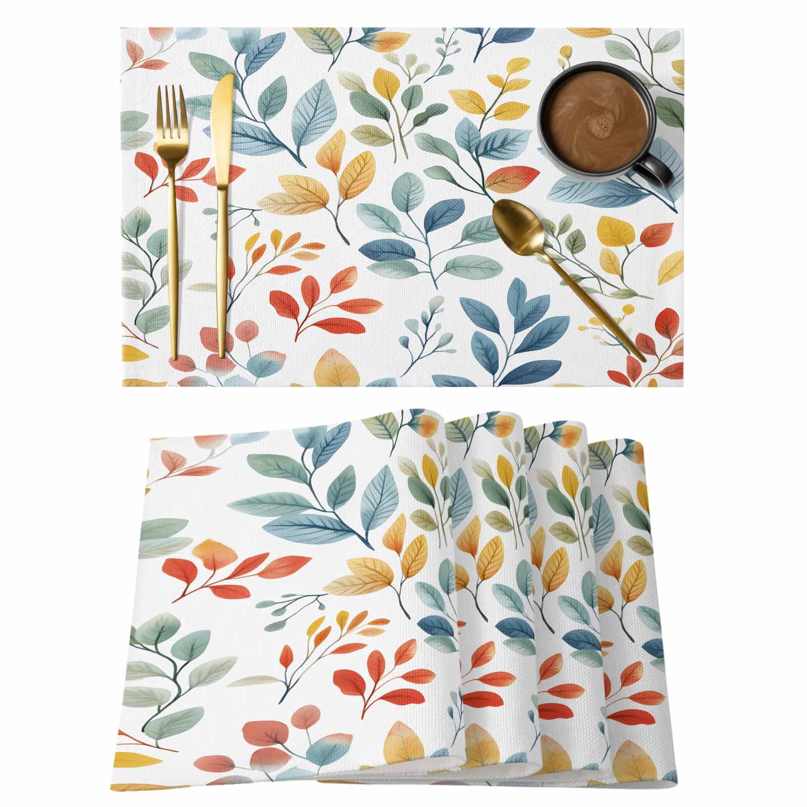 Color Leaves Placemats Set of 2, Blue Leaf Branch Pastoral Plant Spring ...