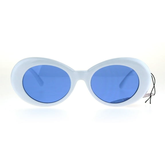 Color Lens Retro Mod Oval Round Minimal White Frame Sunglasses Blue
