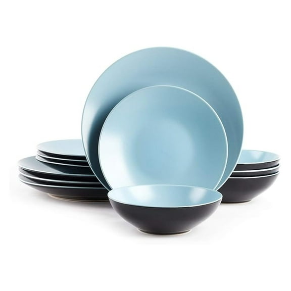 Color Life Dinnerware Set, 12pc Turquoise Stoneware  Modern Coupe Design, Dishwasher & Microwave Safe