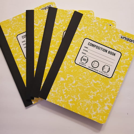 Bundle of 5 Unison College Ruled Marbled 80 page Composition Notebooks; 1 of Each Color; Red, Blue, Green, Yellow and Black