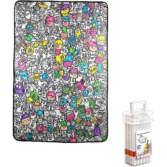 Color Me Cozy Blanket with Markers, 40x55 Inch DIY Color Your Own Blanket, Washable Coloring Blanket Kit for Home Decor and Family Activity (1 Set)