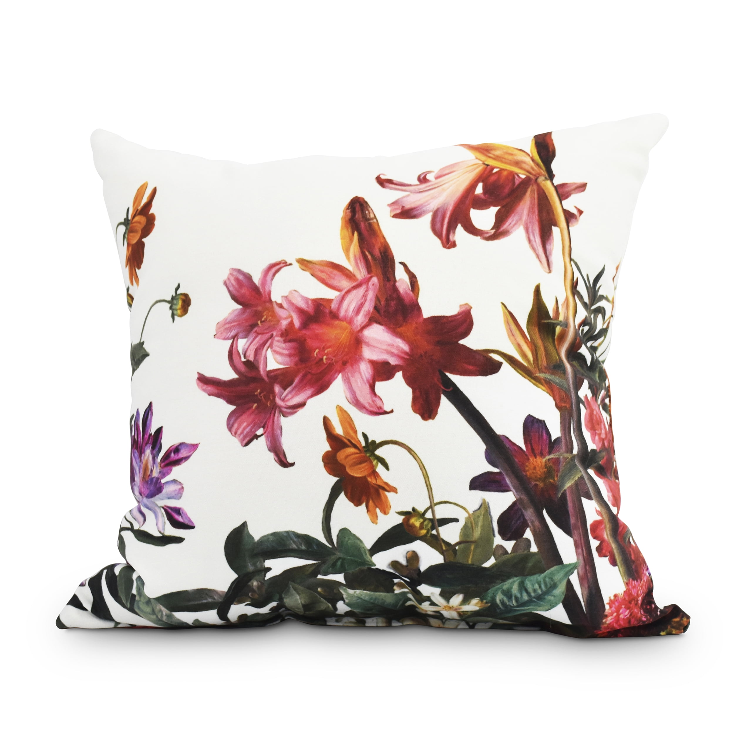 White Floral Print Polyester Square Throw Pillow, 16" x 16"