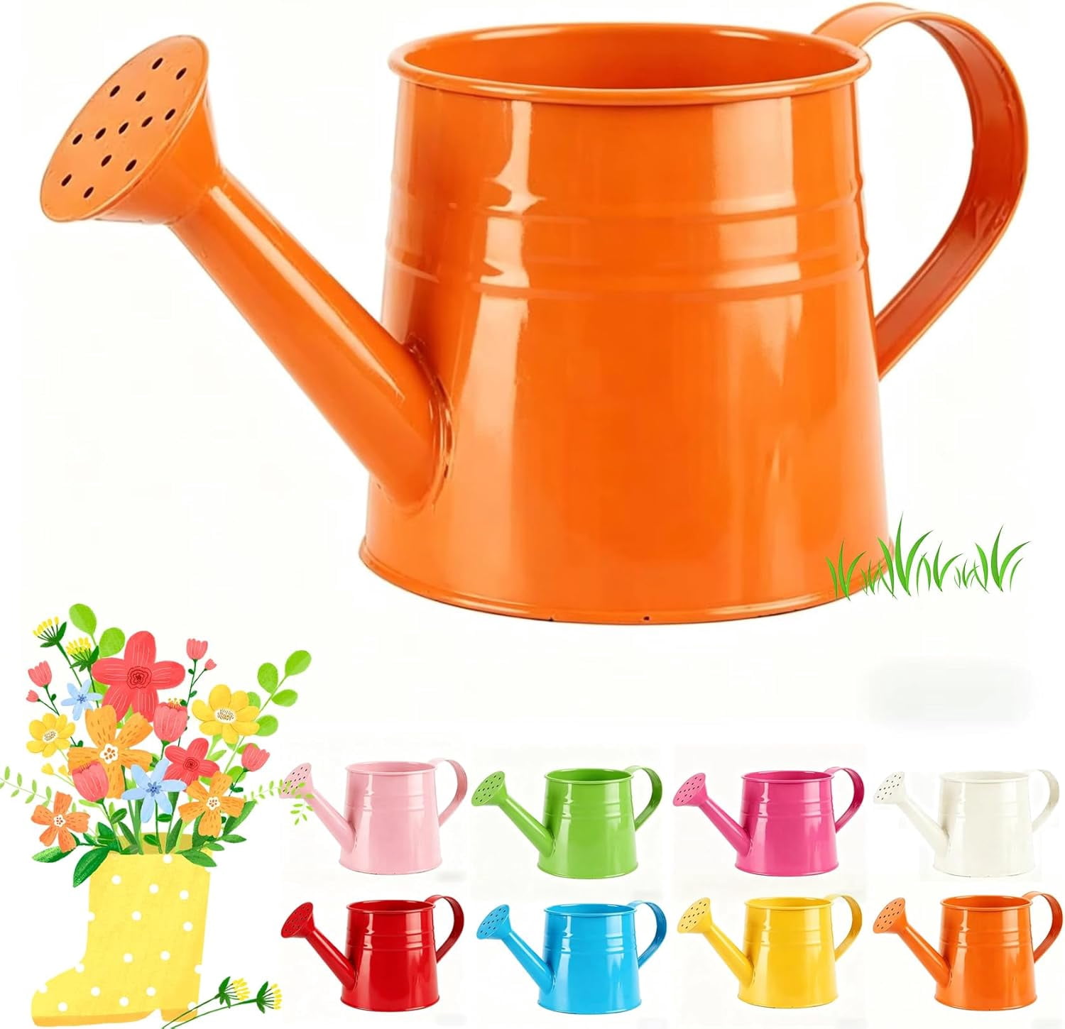 Color Metal Watering Can - 0.4 Gallon Galvanized Steel Long Spout Small Water Pail for Indoor Houseplants & Outdoor Garden Flower Watering (Orange)