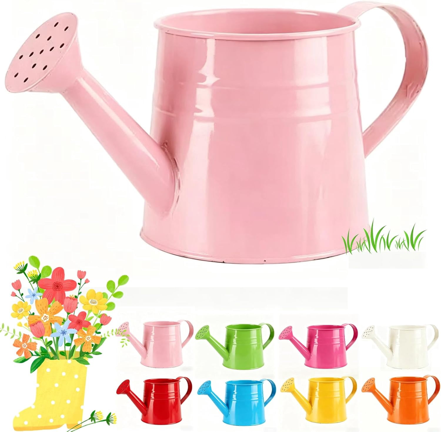Color Metal Watering Can - 0.4 Gallon Galvanized Steel Long Spout Small Water Pail for Indoor Houseplants & Outdoor Garden Flower Watering (Pink)