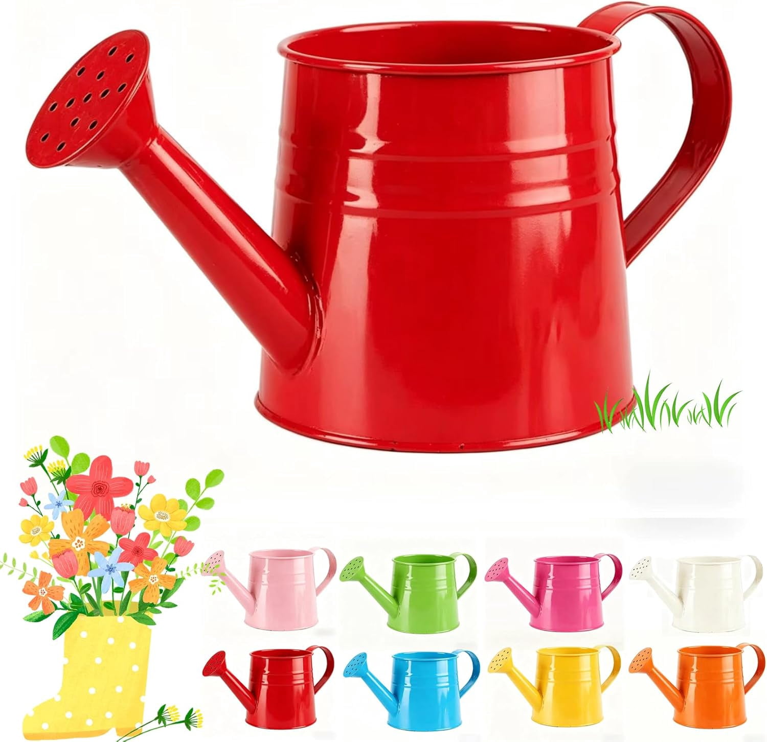 Color Metal Watering Can - 0.4 Gallon Galvanized Steel Long Spout Small Water Pail for Indoor Houseplants & Outdoor Garden Flower Watering (Red)