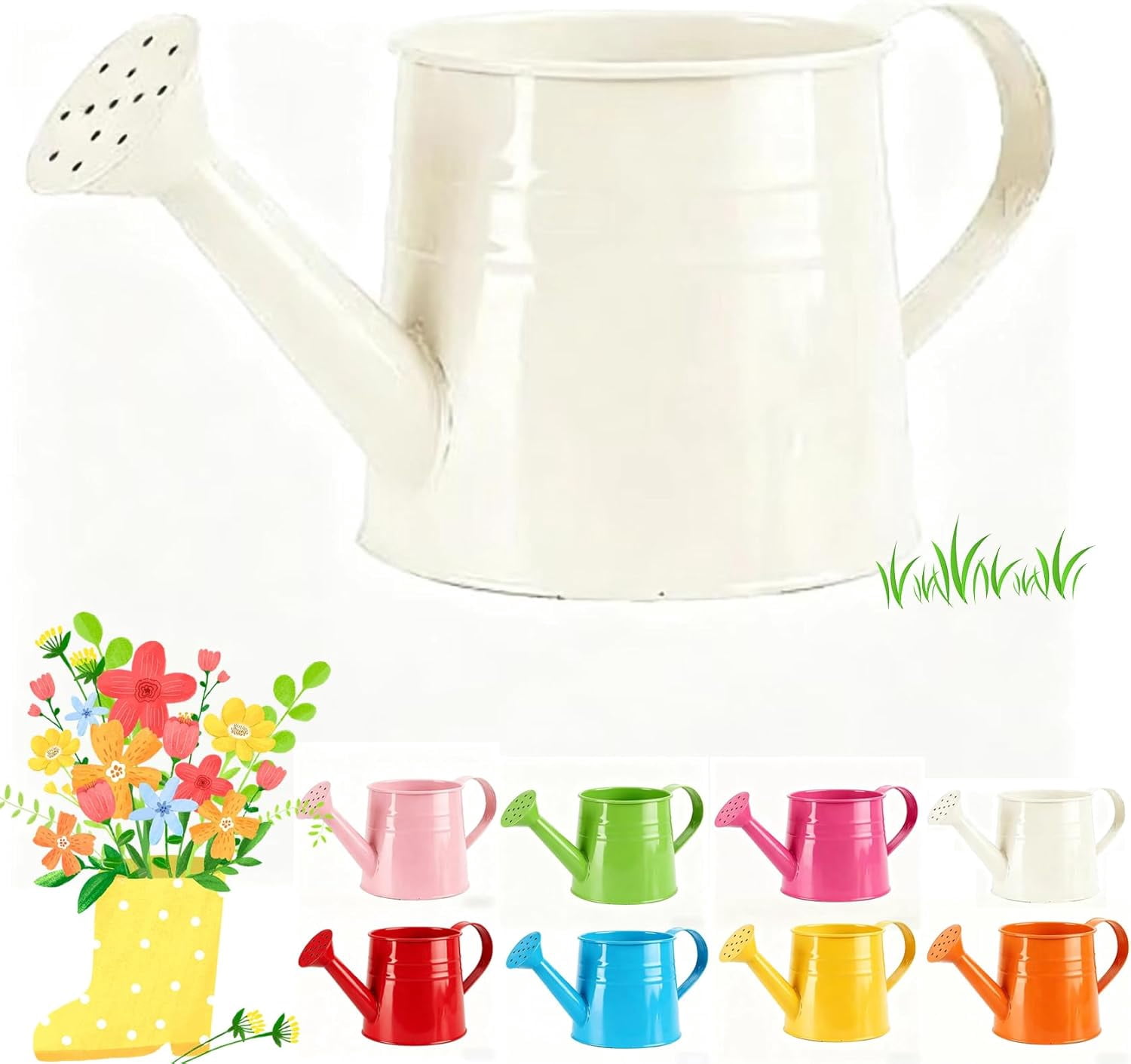 Color Metal Watering Can - 0.4 Gallon Galvanized Steel Long Spout Small Water Pail for Indoor Houseplants & Outdoor Garden Flower Watering (White)