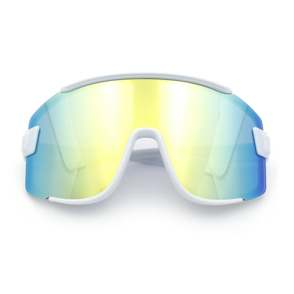 Color Mirror Child Size Boys Shield Rimless Sport Plastic Sunglasses White - Yellow Mirror