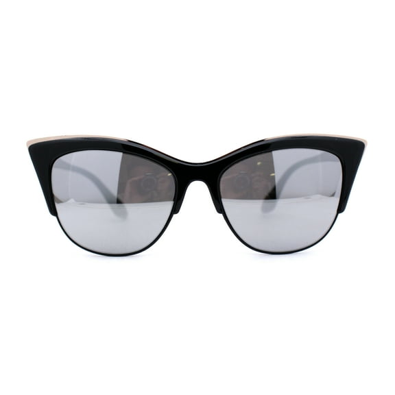 Color Mirror Gothic Cat Eye Half Rim Look Womens Sunglasses Black Silver Mirror
