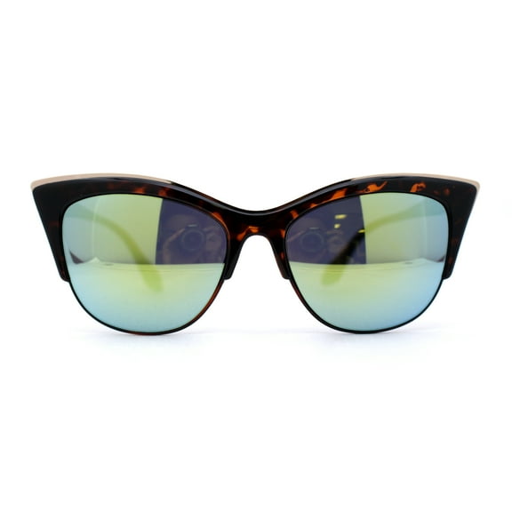 Color Mirror Gothic Cat Eye Half Rim Look Womens Sunglasses Tortoise Yellow Mirror