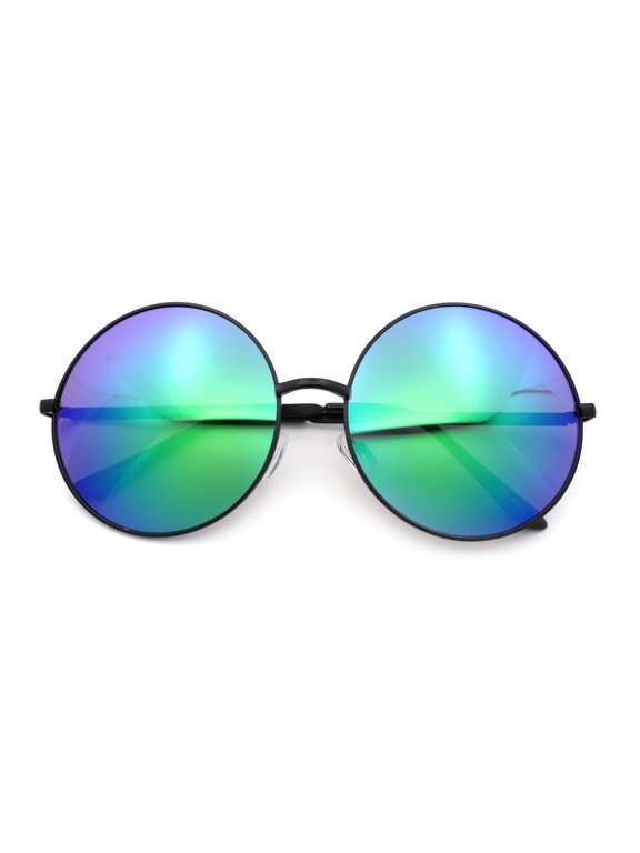 Color Mirror Iconic Hippie Oversize Round Circle Lens Sunglasses Black - Teal Mirror