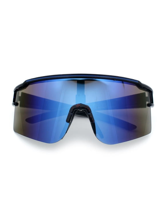 Color Mirror Lens Oversized Half Rim Sport Rectangle Monoblock Shield Plastic Sunglasses Red Blue Black - Blue Mirror