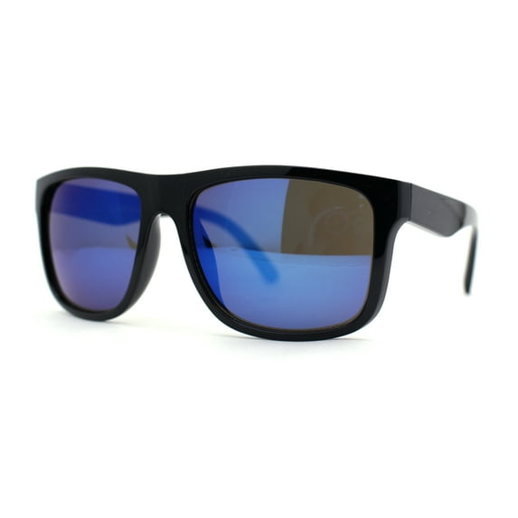 Color Mirror Mens Sport Rectangle Horn Rim Plastic Sunglasses Shiny Black - Blue Mirror
