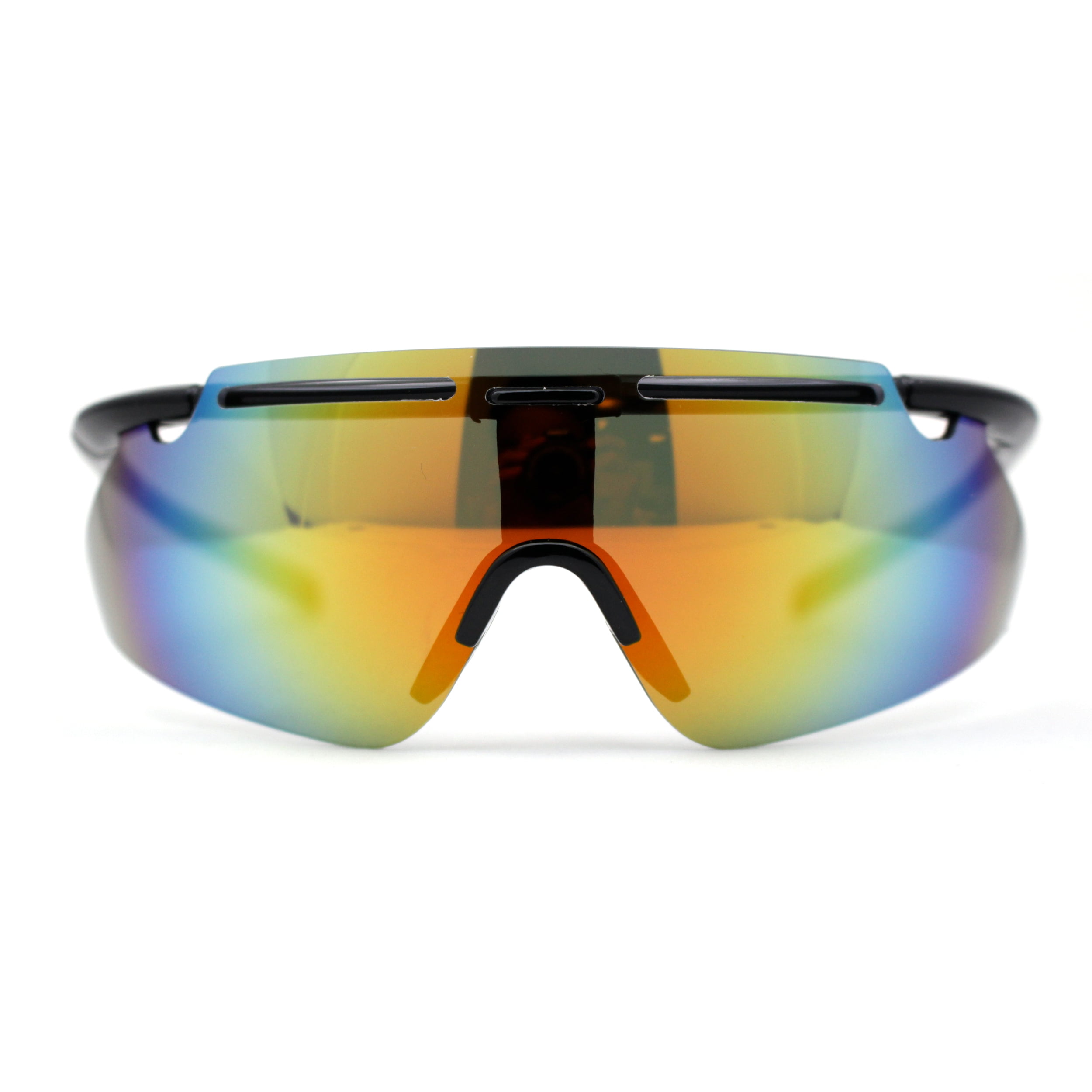 Color Mirror Minimalist Half Rim Shield Sport Wrap Around Sunglasses Black  Orange Mirror