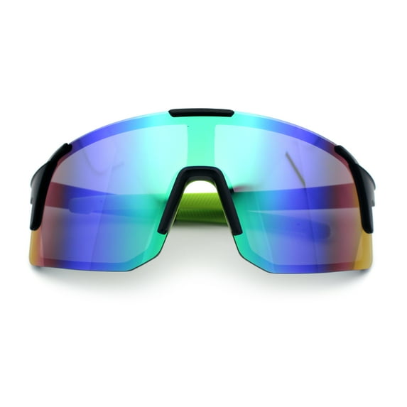 Color Mirror Polarized Wrap Sport Oversized Shield Rimless Plastic Sunglasses Black Green - Green Mirror
