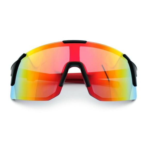 Color Mirror Polarized Wrap Sport Oversized Shield Rimless Plastic Sunglasses Black Red - Orange Mirror