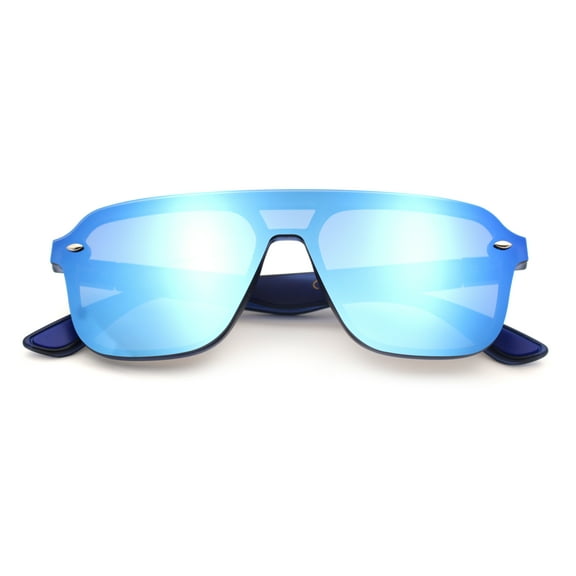 Color Mirror Shield Flat Top Racer Rimless Horn Rim Plastic Sunglasses Navy - Blue Mirror