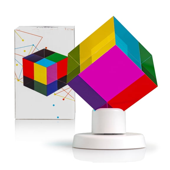 Color Mixing CMY Cube with Display Stand 2 Inch (50mm) Cyan, Yellow, & Magenta Acrylic Prism Optical Physics Desk Decor Satisfying Silent Fidget Toy