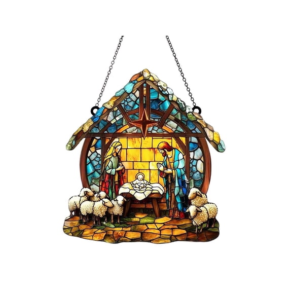 Color Mosaic Star Stable Nativity Figure Suncatcher Hanging Tag For Cottage Indoor Chapel Christmas Window Display