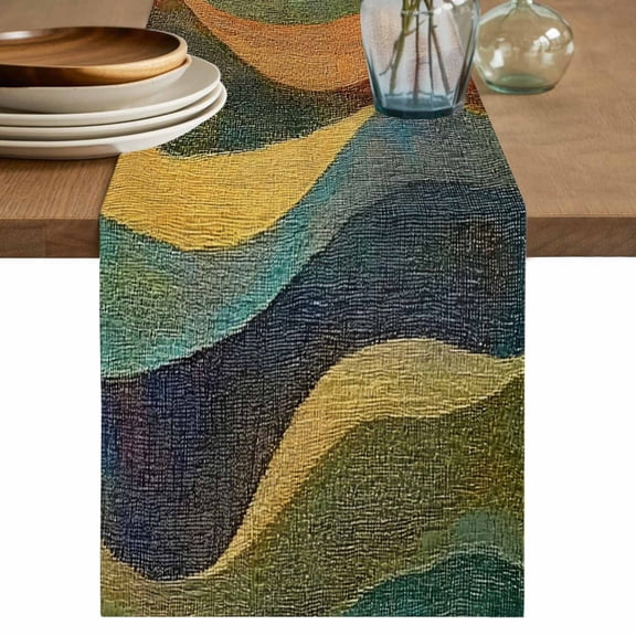 Color Mountain Stripes Table Runner, Vintage Abstract Waves Striped Cotton Linen Kitchen Table Decoration Washable Dining Tabletop Runners for Home Party Decor 13x72 Inches