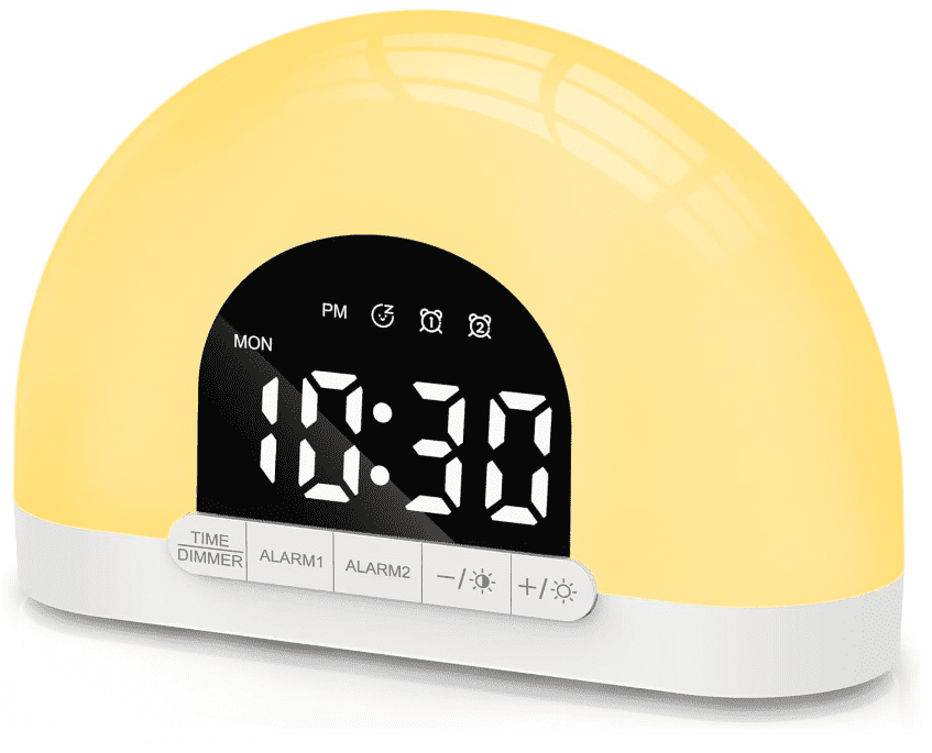 Color Night Light Sunrise Alarm Clock, Wake Up Light for Kids, Adults, and Heavy Sleepers with Touch Control Semicircle Dual Clock, White