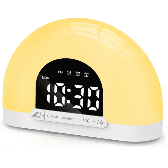 Color Night Light Sunrise Alarm Clock, Wake Up Light for Kids, Adults, and Heavy Sleepers with Touch Control Semicircle Dual Clock, White