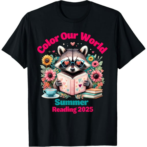 Color Our World Summer Reading Program 2025 Funny Raccoon T-Shirt Tops Tee