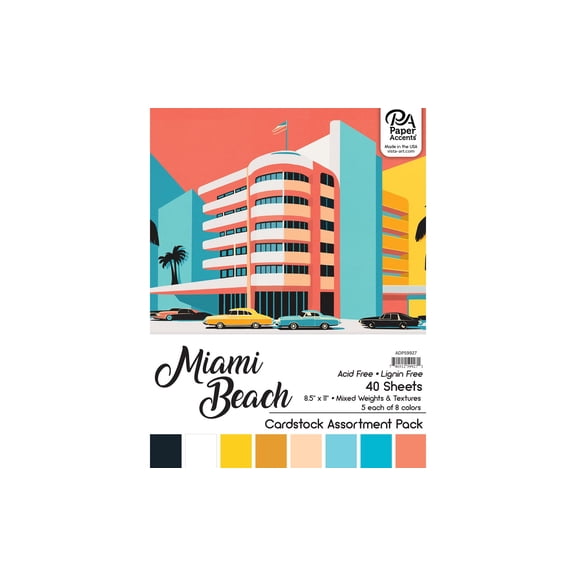 Accent Design Paper Accents Variety Pack, Miami Beach Color Pack, 48 Sheets, 8 Coordinating Colors, Mixed Weights and Textures, Scrapbooking Cards and Crafts, 8.5x11 Inch
