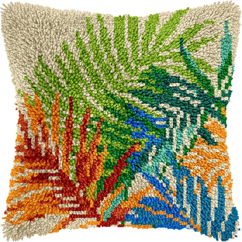 Color Palm Leaves Latch Hook Pillow Kits Pillow Cover with Pattern Printed Canvas Crochet Cross Hooking Pillowcase Cushion Crafts Embroidery Latch Hooking Crochet Kits 17x17 inch(176)