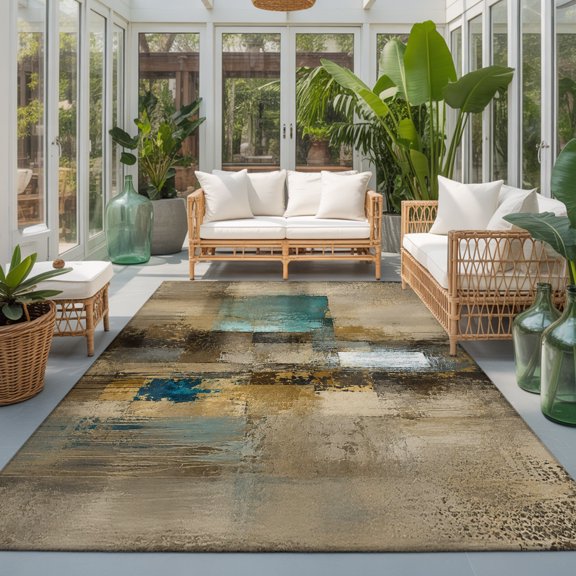 Color Patches 9'x12' Area Rugs for Living Room Sectional Sofa, Abstract Industrial Brown Green Brushstrokes Washable Sturdy Non Slip Soft Sturdy Rectangle Home Area Rug