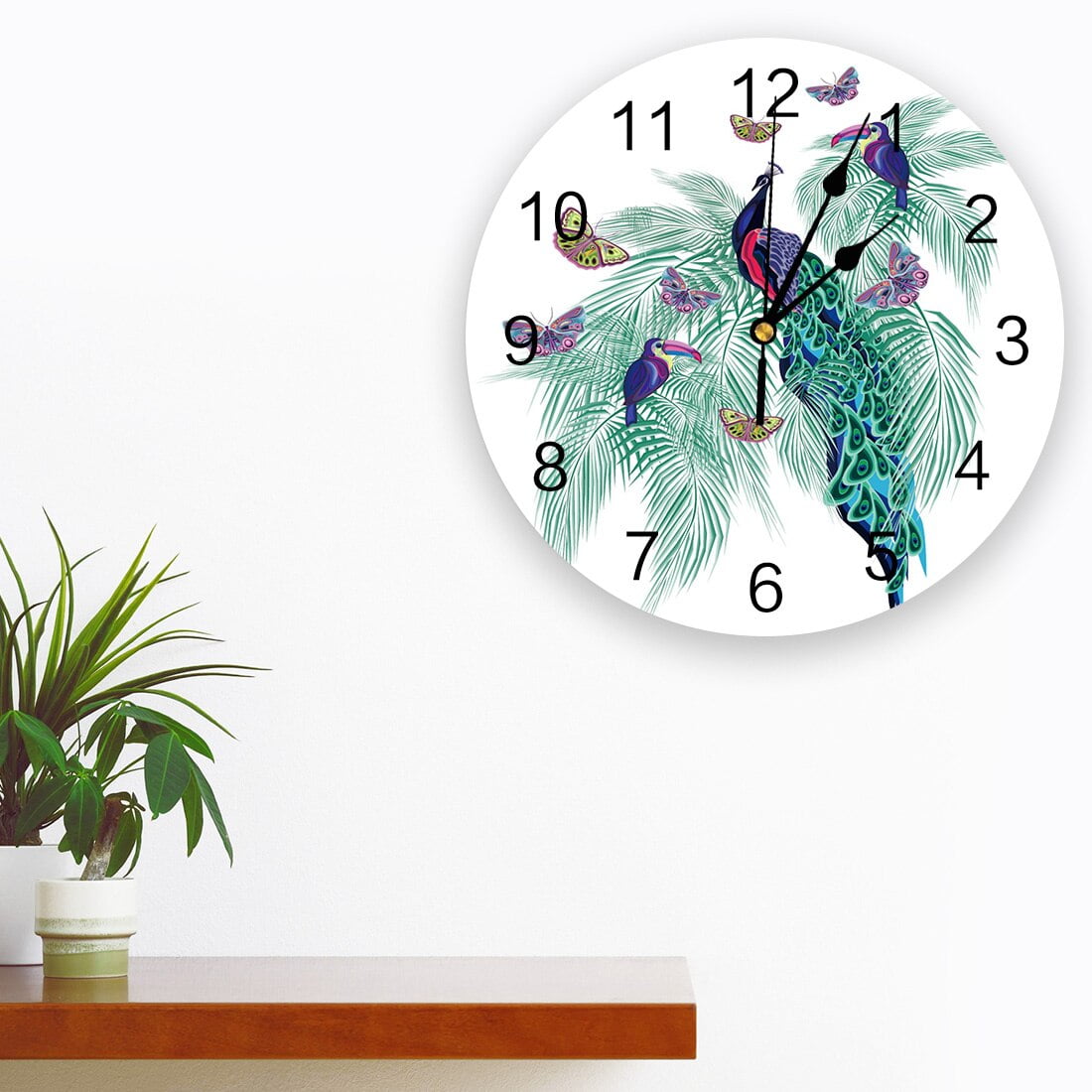 Color Peacock Butterfly Green Leaf Wall Clock Decorative for Living Room Kitchen Bedroom Home