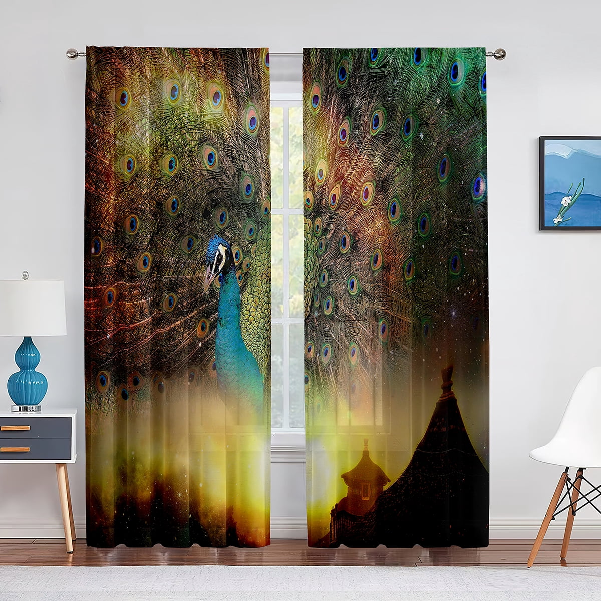 Color Peacock Oil Painting Sheer Voile Curtains for Living Room Bedroom