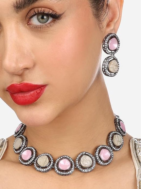 Color: Pink, Plating: Black, Material: Alloy, Stones: Artificial Stones