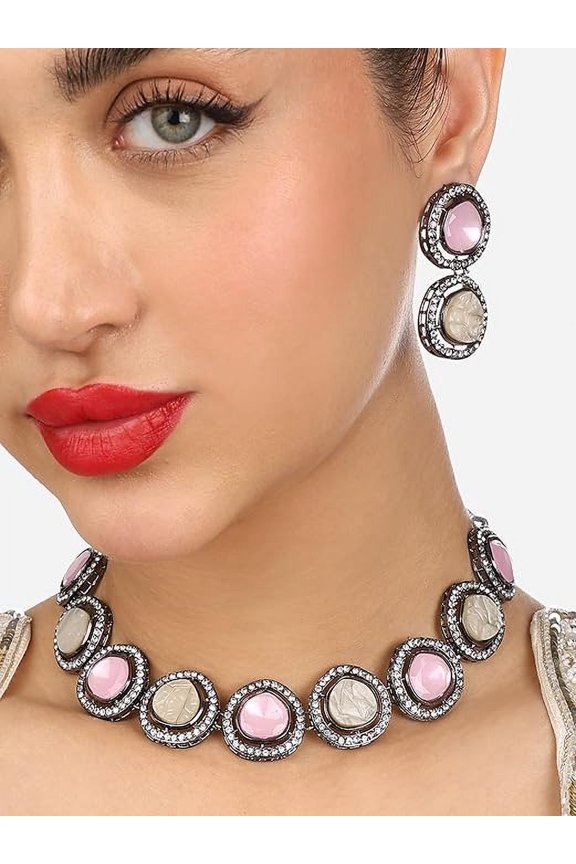 Color: Pink, Plating: Black, Material: Alloy, Stones: Artificial Stones