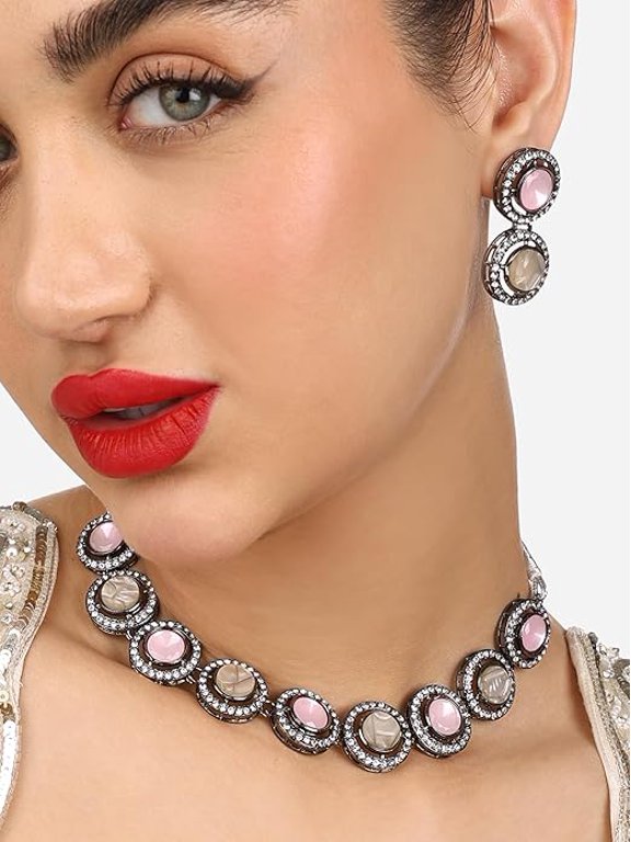 Color: Pink, Plating: Black, Material: Alloy, Stones: Artificial Stones
