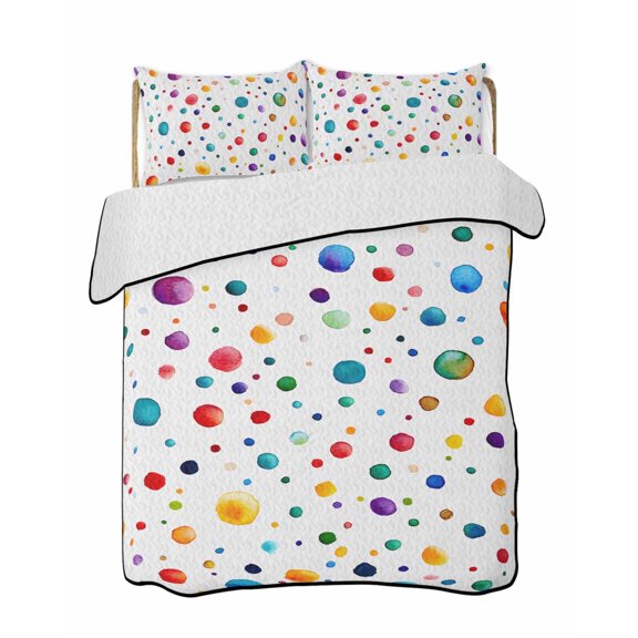 Color Polka Dot 3 Piece Quilt Bedding Set with 2 Pillow Shams, Abstract Watercolor Bubbles Modern Lightweight Bedspread Coverlet, Soft Breathable All Season Quilt, 68 x 86 Inch