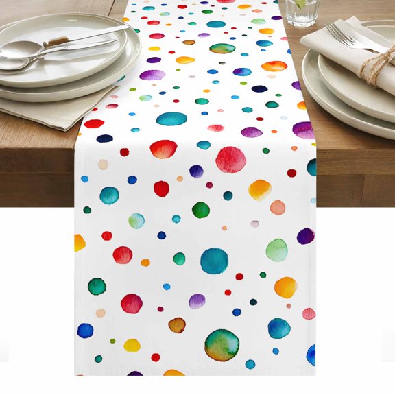 Color Polka Dot Table Runner 13 x 36 Inch, Abstract Watercolor Bubbles Modern Washable Cotton Linen Dining Table Runner Tabletop Decorations for Restaurant Home Kitchen Party