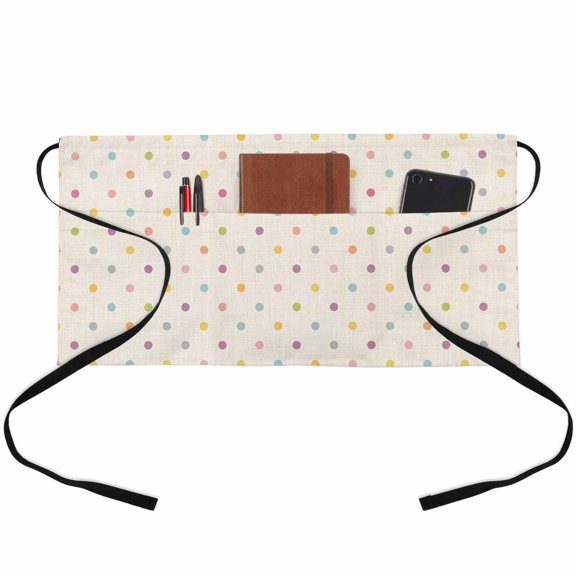 Color Polka Dot Waitress Apron with 3 Pockets, Modern Simple Geometric Linen Texture Server Aprons Waterproof Kitchen Restaurant Half Waist Apron for Men Women