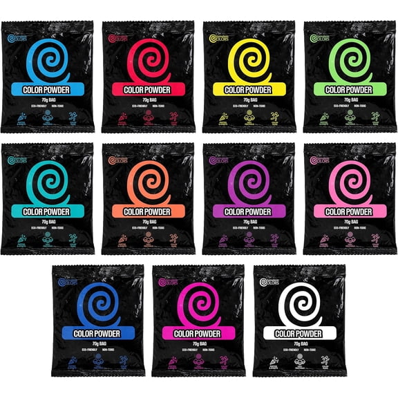 Color Powder 70 Gram Individual Packets by Chameleon Colors, 10 Pack Plus Bonus White, Perfect for 3-5 People, Red, Yellow, Blue, Orange, Purple, Pink, Navy, Magenta, Aquamarine, and Green P