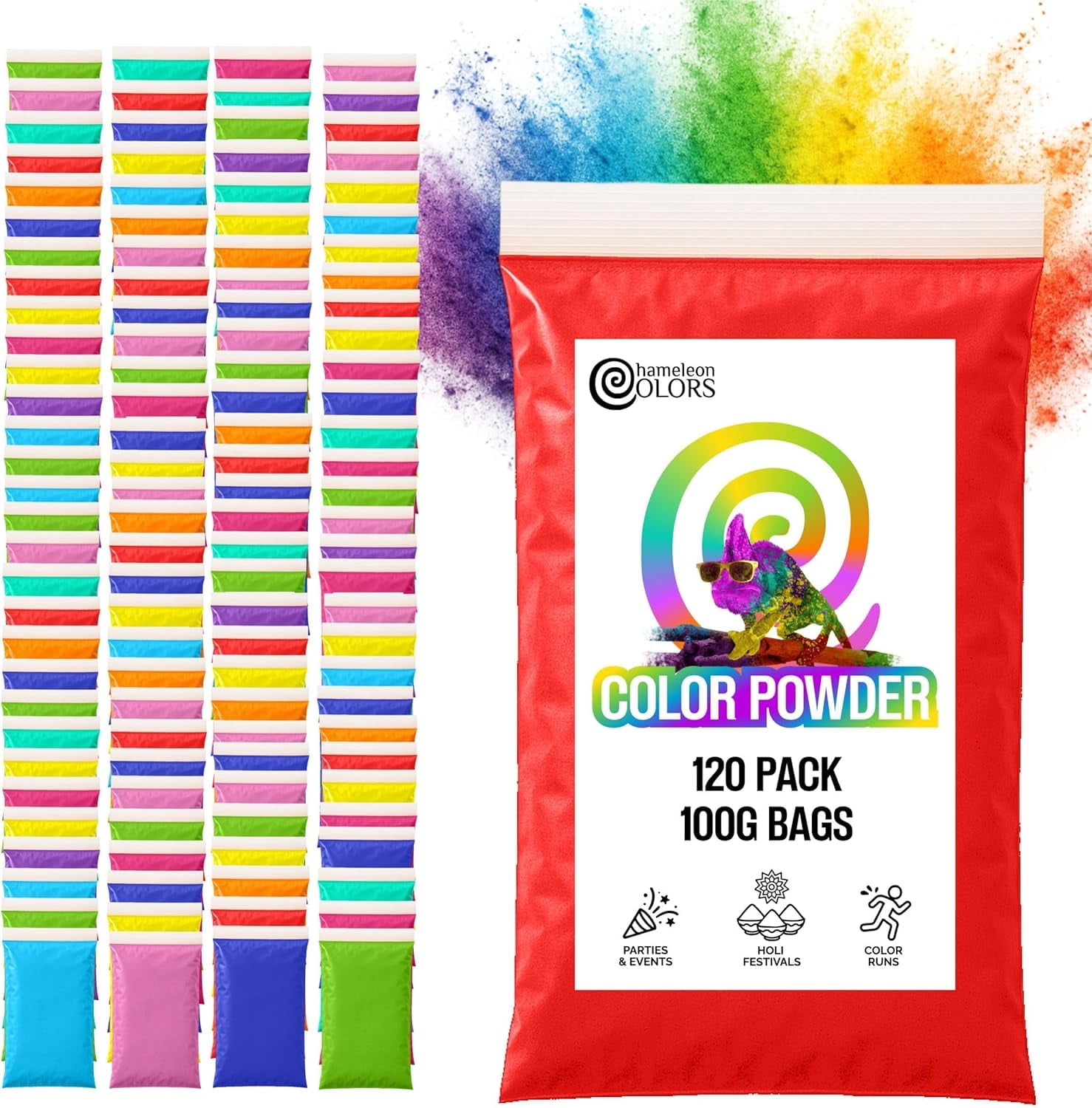 Chameleon Colors 100g Color Powder Packs - 120 Pack - 10 Vibrant Colors in Clear Bags - Non-Toxic & Gluten-Free - Great for Holi, Color Wars, Fun Run, Gender Reveal & Summer Camp
