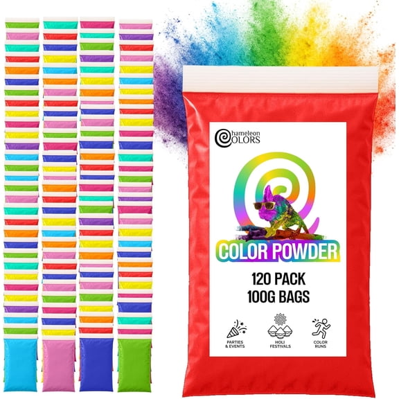 Chameleon Colors 100g Color Powder Packs - 120 Pack - 10 Vibrant Colors in Clear Bags - Non-Toxic & Gluten-Free - Great for Holi, Color Wars, Fun Run, Gender Reveal & Summer Camp