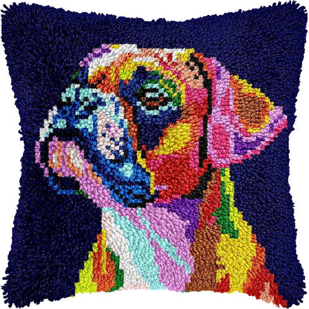 Color Pug Latch Hook Pillow Kits for DIY Handmade Throw Pillow Cushion Embroidery Latch Hooking Pillowcase Kits with Preprinted Canvas Crochet Yarn Kits 17''X 17''(g137)