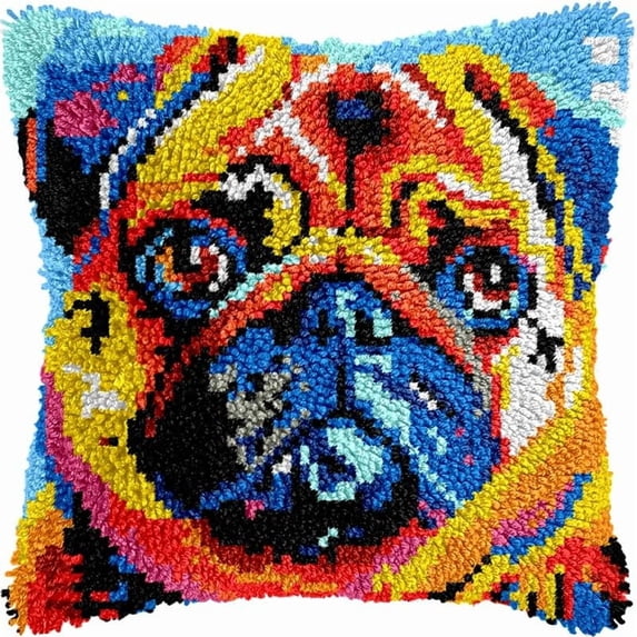 Color Pug Latch Hook Pillow Kits Pillow Cover with Pattern Printed Canvas Crochet Cross Hooking Pillowcase Cushion Crafts Embroidery Latch Hooking Crochet Kits 17x17 inch(175)