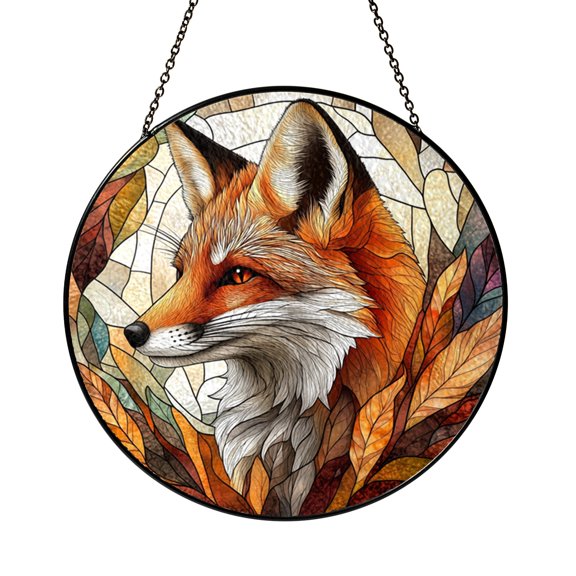 Color Rich Fox Stained Glass Circular Window Panel, Eye Catching Wildlife Decor Accent for Home Display