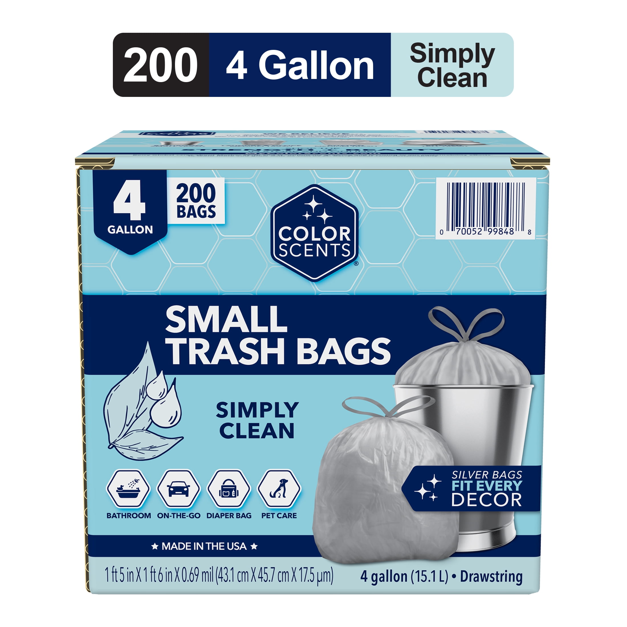 Color Scents 4-Gallon Small Drawstring Trash Bags, Simply Clean Scent, 200 Bags