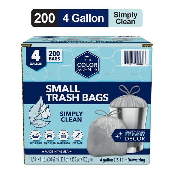 Color Scents Small Trash Bags, 4 Gallon, 200 Bags (Linen Fresh Scent, Drawstring)