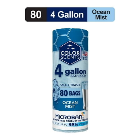 Color Scents 4-Gallon Small Twist Tie Trash Bags, Ocean Mist Scent with Microban, 80 Bags